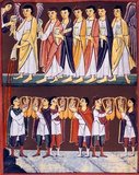 The Bamberg Apocalypse, 1000-1020, is held in the Bamberg State Library, Germany. It was commissioned by Otto III (Holy Roman Emperor 980-1002) and contains 57 gilded miniatures produced in the scriptorium at Reichenau.